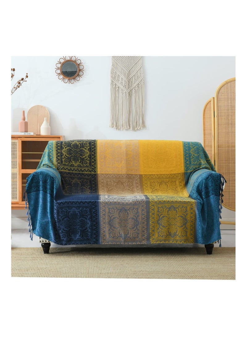 Boho Couch Cover Blanket - Boho Tribal Woven Chenille Throw Blanket wiz Tassel, Bohemian Hippie Decor for Bed Sofa Loveseat Recliner(Blue Yellow, 60x75)