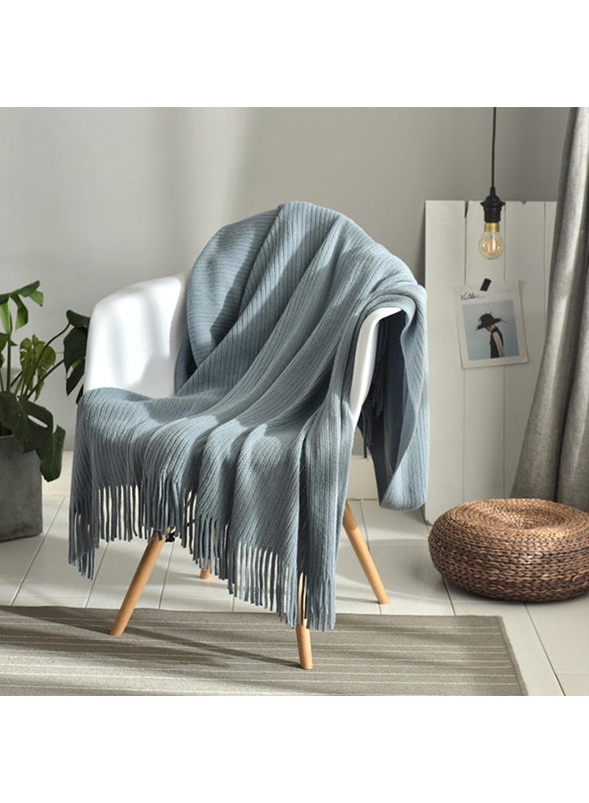 Tassel Design Supple Casual Knitted Blanket Polyester Sky Blue 125x150centimeter