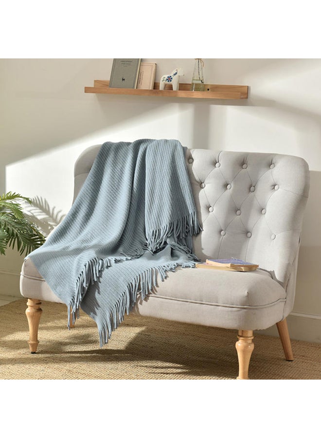 Tassel Design Supple Casual Knitted Blanket Polyester Sky Blue 125x150centimeter