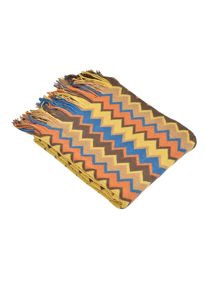 Stripes Pattern And Tassel Design Knitting Blanket Polyester Yellow 130x150centimeter