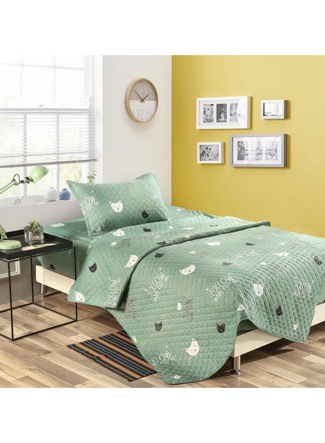3-Piece Cat Face Printed Comforter Set polyester Green/White/Black