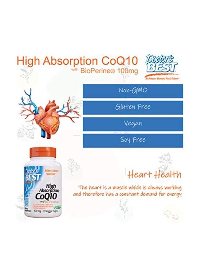 High Absorption Coq10  With Bioperine Dietary Supplement - 60 Veggie Capsules