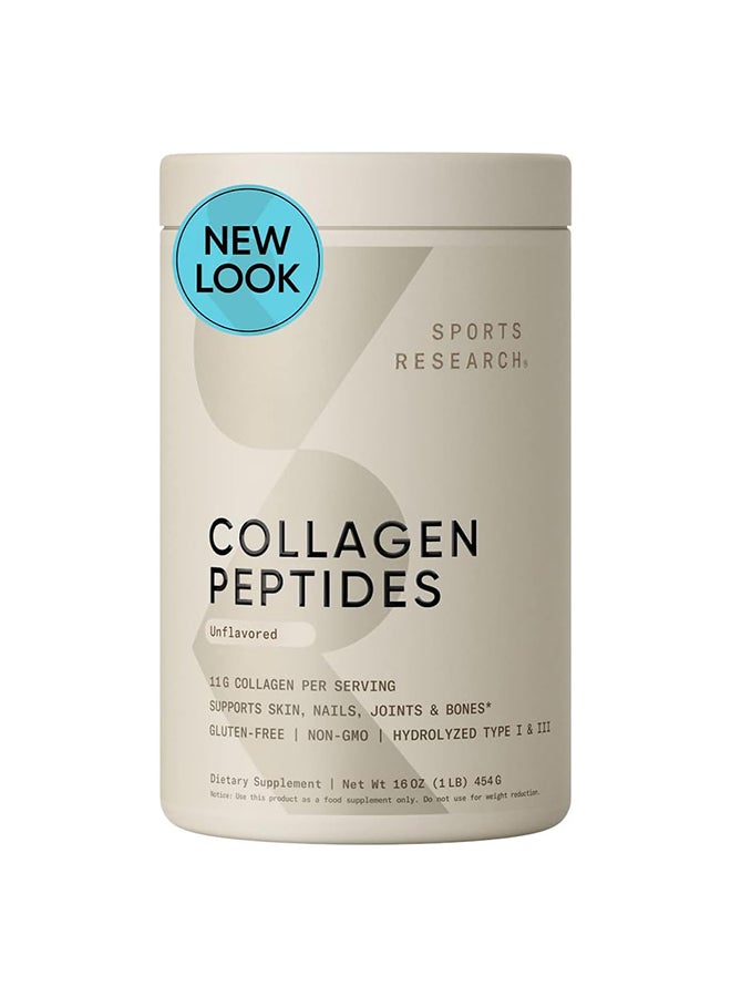 Sports Research Collagen Peptides Powder Unflavored Hydrolyzed Type I & III  1lb 454g