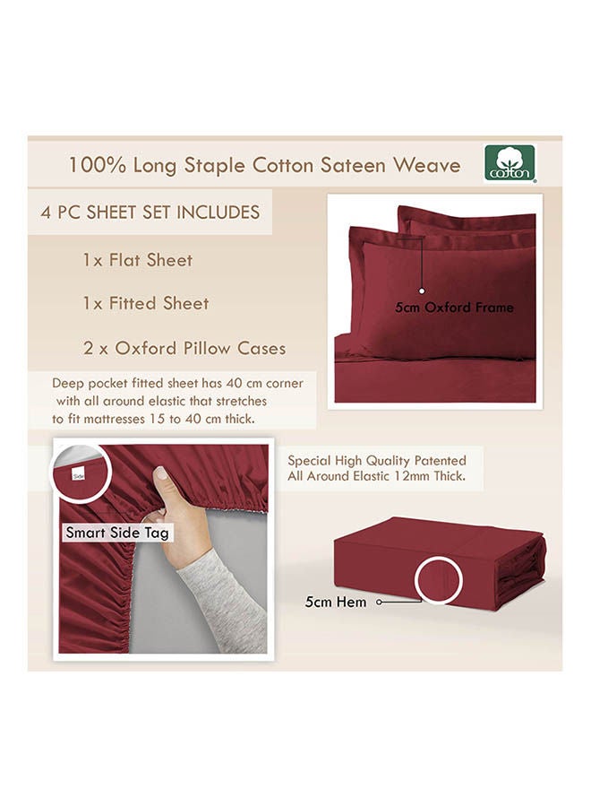 4-Piece 100 Long Staple 400 Thread Count Soft Sateen Queen Size Bed Sheets Set Includes 1xFitted Sheet 160x200+40 cm, 1xFlat Sheet 275x280 cm, 2xPillowcases 50x755 cm Cotton Rio Red