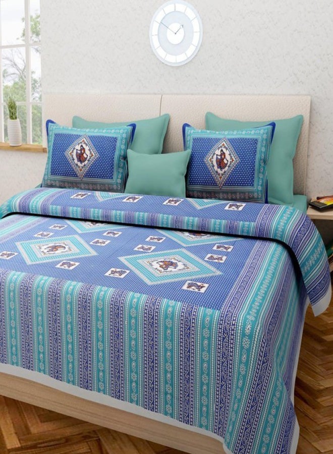 Printed Flat Bedsheet Set Cotton Green/Blue/White