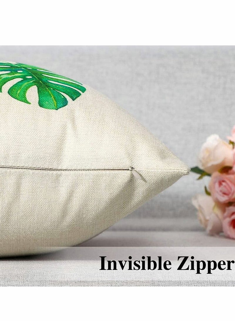 Tropical Plant Theme Pillowcase, 18 x 18 Inches, Green Leaves Pattern Waterproof Cushion Covers, Perfect to Outdoor Patio Garden Living Room Sofa Farmhouse Decor (Set of 4)