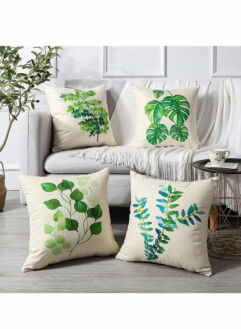Tropical Plant Theme Pillowcase, 18 x 18 Inches, Green Leaves Pattern Waterproof Cushion Covers, Perfect to Outdoor Patio Garden Living Room Sofa Farmhouse Decor (Set of 4)