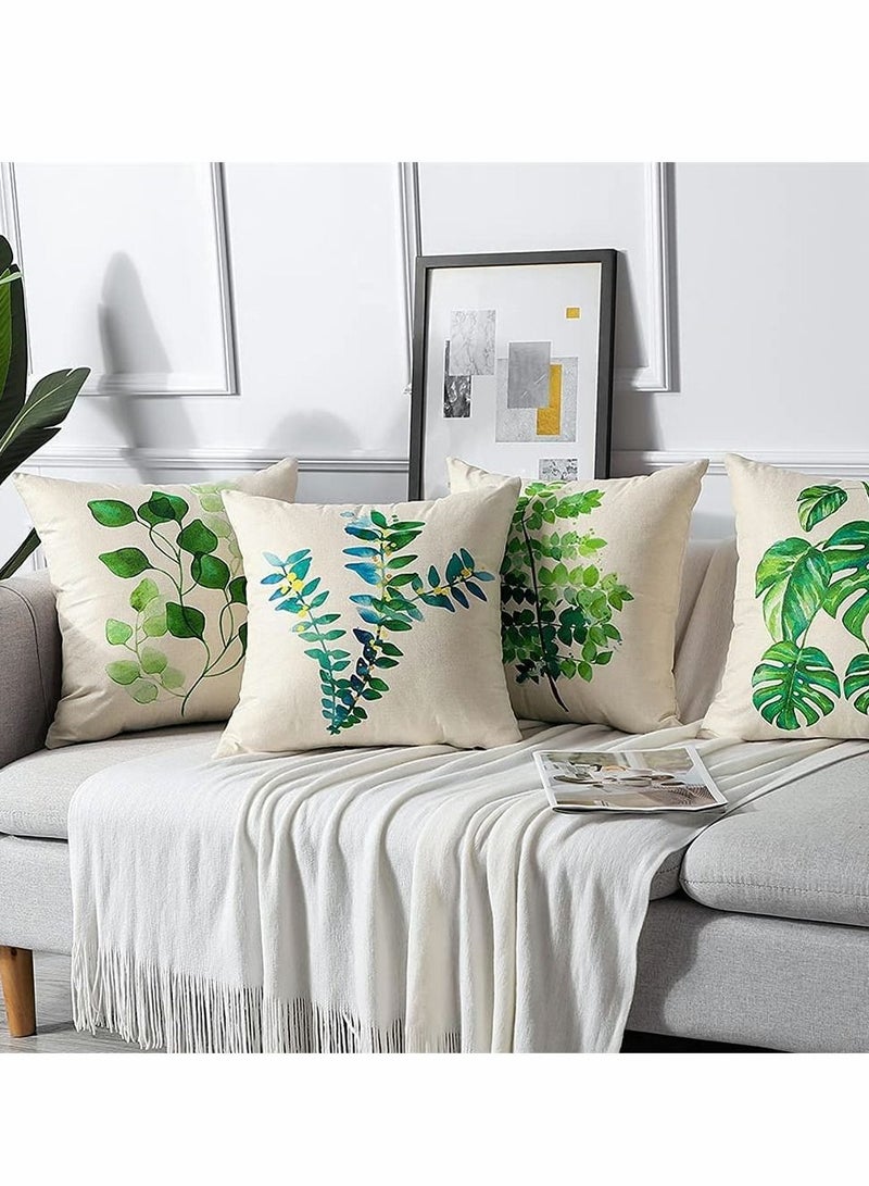 Tropical Plant Theme Pillowcase, 18 x 18 Inches, Green Leaves Pattern Waterproof Cushion Covers, Perfect to Outdoor Patio Garden Living Room Sofa Farmhouse Decor (Set of 4)