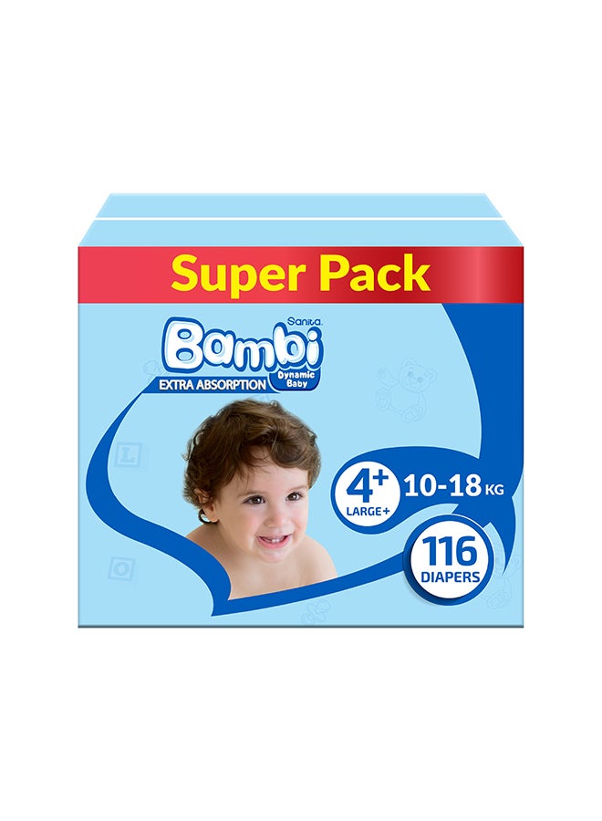 Baby Diapers Super Pack Size 4+, Large plus, 10-18 KG, 116 Count