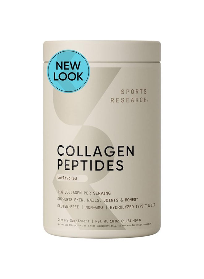 Sports Research Collagen Peptides Powder Unflavored Hydrolyzed Type I & III  1lb 454g