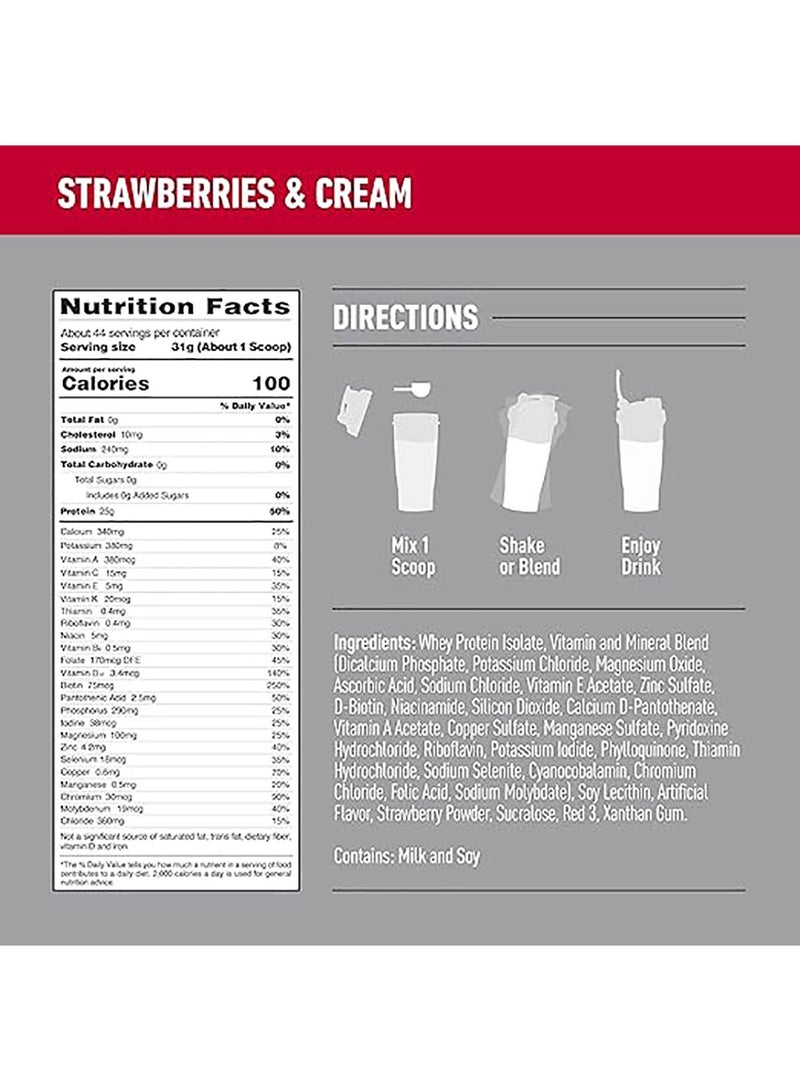 Zero Carb Whey Protein Isolate Powder With Vitamin C & Zinc For Immune Support, 25G Protein, & Keto Friendly - Strawberries & Cream, (1.36 KG)