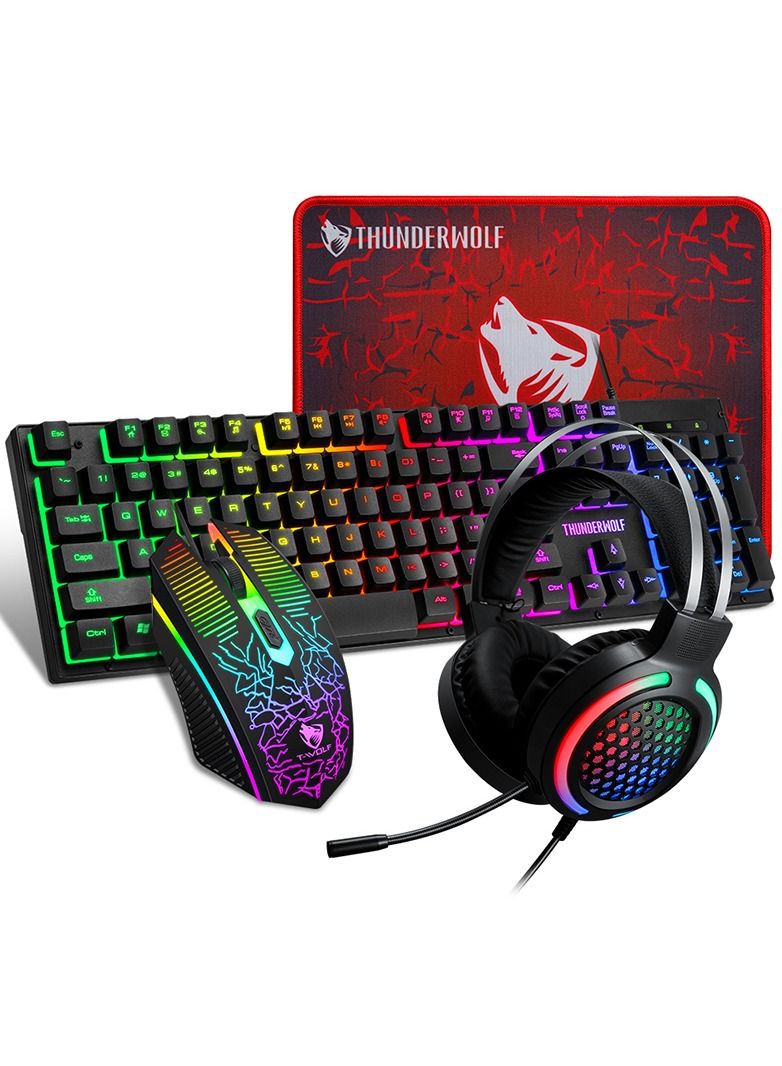 TF400 Wired Rainbow RGB Backlit Gaming Keyboard Mice Set with RGB Lighting Headset and Anti-Slip Mousepad