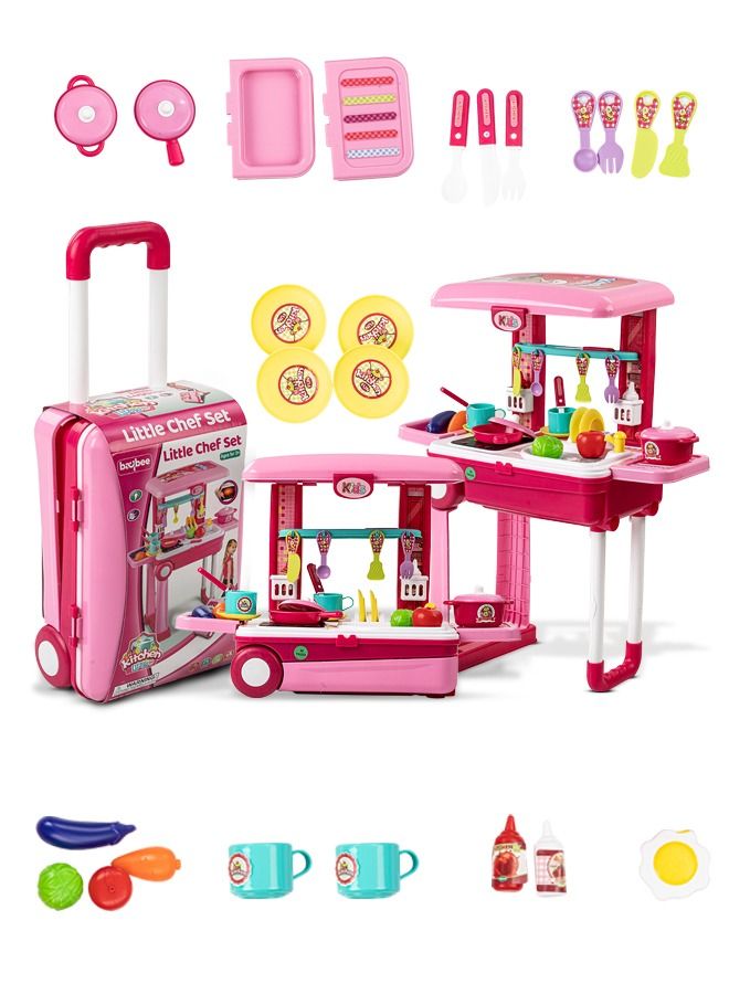 2 in 1 Kids Kitchen Set for Kids Girls with Music Light Cooking Toys Kitchen Playset Pretend Play Toys Pretend Role Play Toys Little Chef Kitchen Play Set Toy For Kids 2+ Years Girls