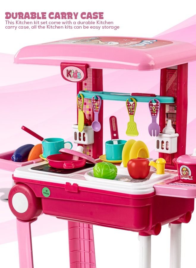 2 in 1 Kids Kitchen Set for Kids Girls with Music Light Cooking Toys Kitchen Playset Pretend Play Toys Pretend Role Play Toys Little Chef Kitchen Play Set Toy For Kids 2+ Years Girls