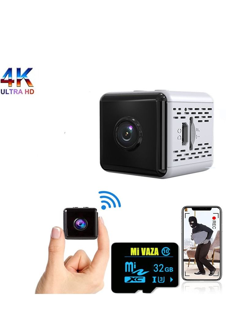 Mini HD 4K Nanny Camera Night Vision and Motion Detection-Wireless WiFi White with 32GB Memory Card