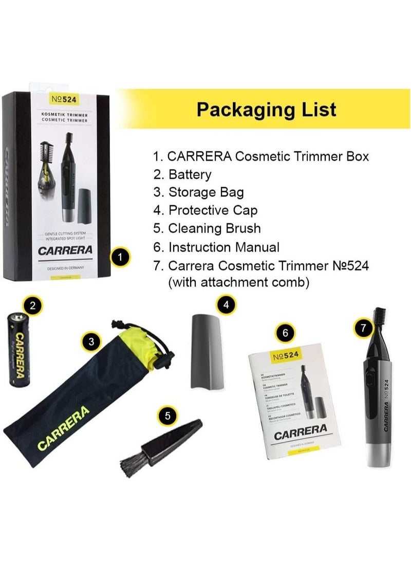 CARRERA 524 Hair Trimmer for Men & Women Integrated Spotlight for Precision Trimming Portable & Cordless Ideal for Small Facial Hair, Nose, Ears, Eyebrows, Sideburns etc Cutting length 0.4 mm, Silver