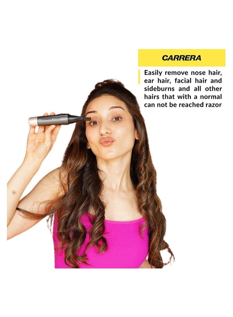 CARRERA 524 Hair Trimmer for Men & Women Integrated Spotlight for Precision Trimming Portable & Cordless Ideal for Small Facial Hair, Nose, Ears, Eyebrows, Sideburns etc Cutting length 0.4 mm, Silver