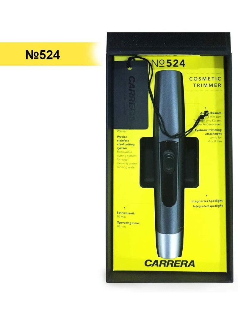 CARRERA 524 Hair Trimmer for Men & Women Integrated Spotlight for Precision Trimming Portable & Cordless Ideal for Small Facial Hair, Nose, Ears, Eyebrows, Sideburns etc Cutting length 0.4 mm, Silver