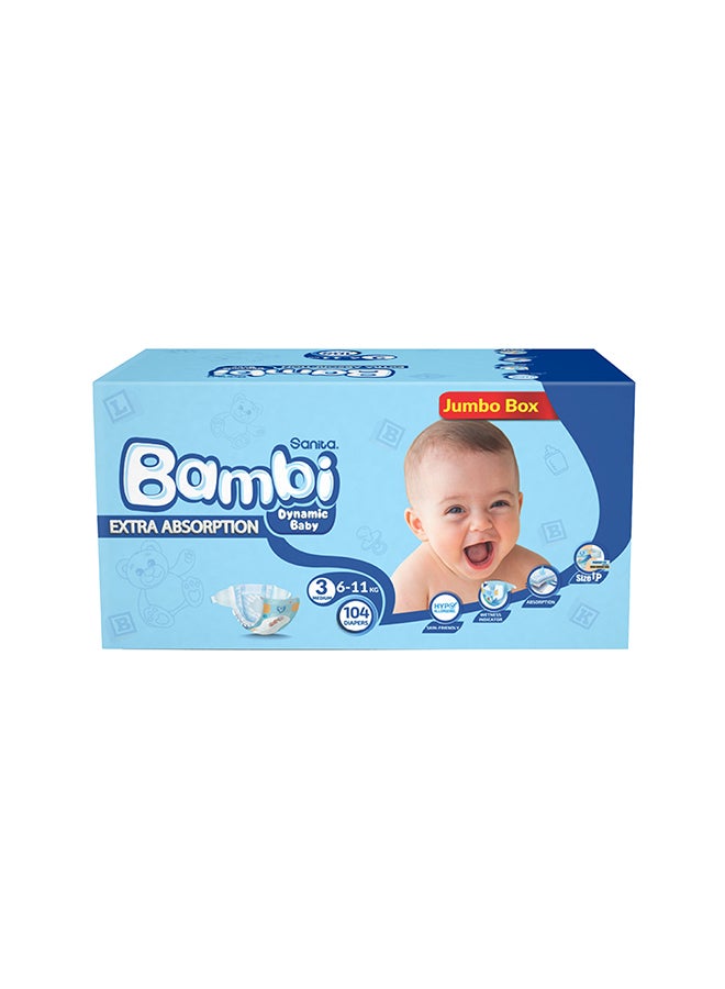 Size 3, Medium, 6-11 Kg, Jumbo Box, 104 Diapers