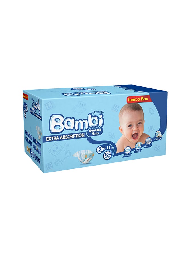 Size 3, Medium, 6-11 Kg, Jumbo Box, 104 Diapers