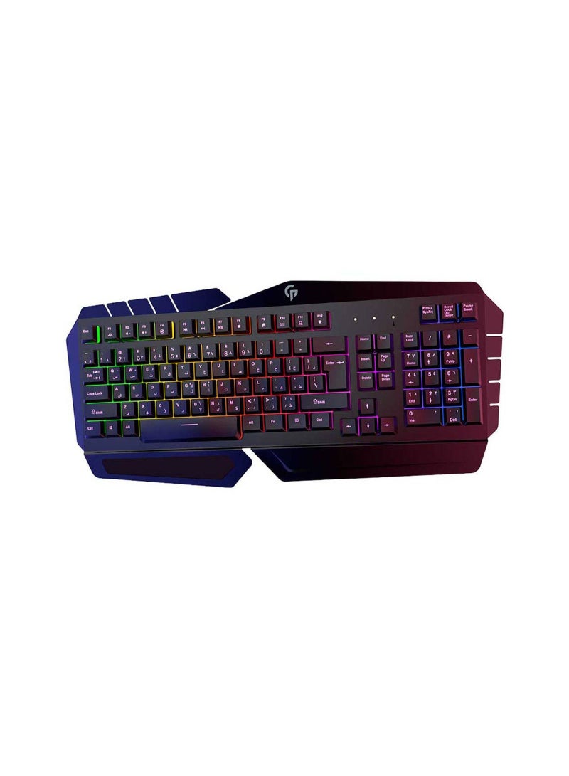 Metal Frame Gaming Keyboard Slim Full-Sized Keyboard Rainbow Lighting, Layout 104 Keys, US + Arabic, Key-Caps Laser Print, 19 Keys Anti-Ghosting, 10 Million Clicks, Multimedia Keys - Black