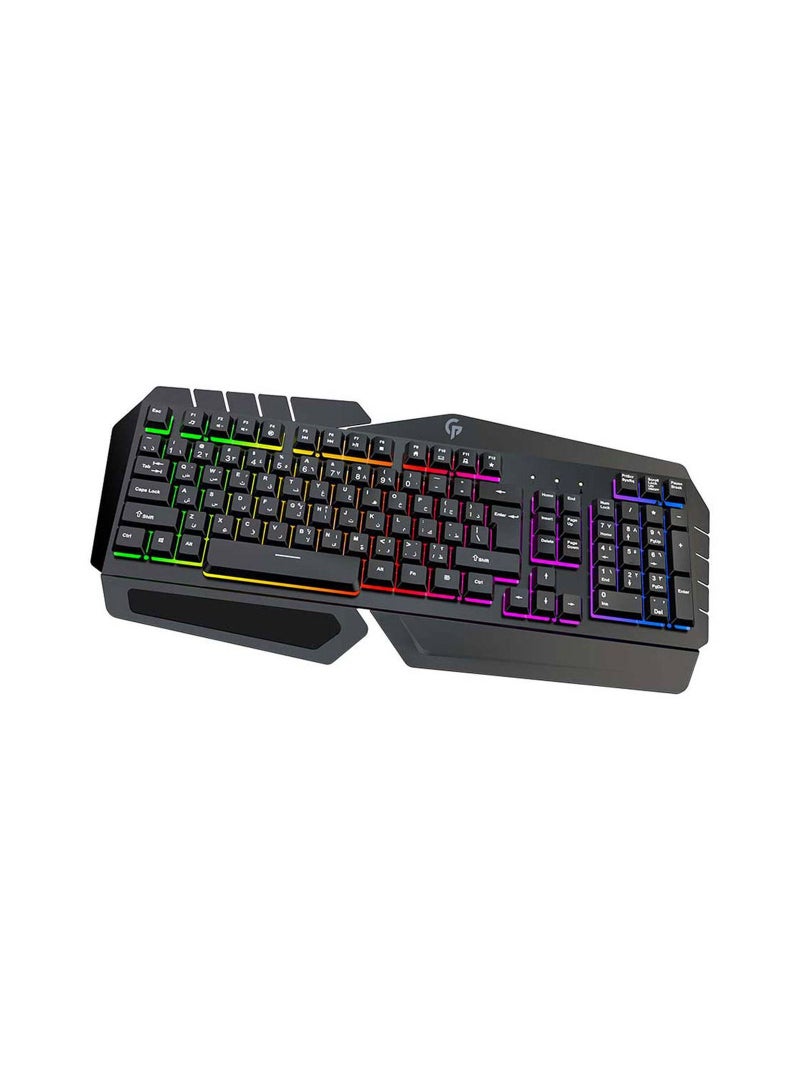 Metal Frame Gaming Keyboard Slim Full-Sized Keyboard Rainbow Lighting, Layout 104 Keys, US + Arabic, Key-Caps Laser Print, 19 Keys Anti-Ghosting, 10 Million Clicks, Multimedia Keys - Black