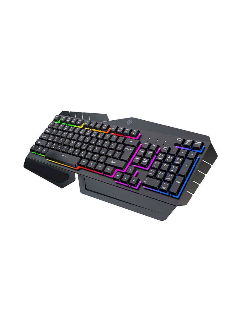 Metal Frame Gaming Keyboard Slim Full-Sized Keyboard Rainbow Lighting, Layout 104 Keys, US + Arabic, Key-Caps Laser Print, 19 Keys Anti-Ghosting, 10 Million Clicks, Multimedia Keys - Black