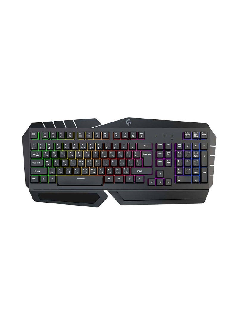 Metal Frame Gaming Keyboard Slim Full-Sized Keyboard Rainbow Lighting, Layout 104 Keys, US + Arabic, Key-Caps Laser Print, 19 Keys Anti-Ghosting, 10 Million Clicks, Multimedia Keys - Black