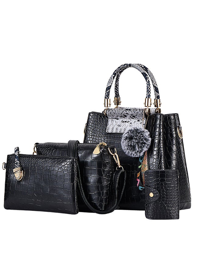 4-Piece Crocodile Pattern Bag Set Black