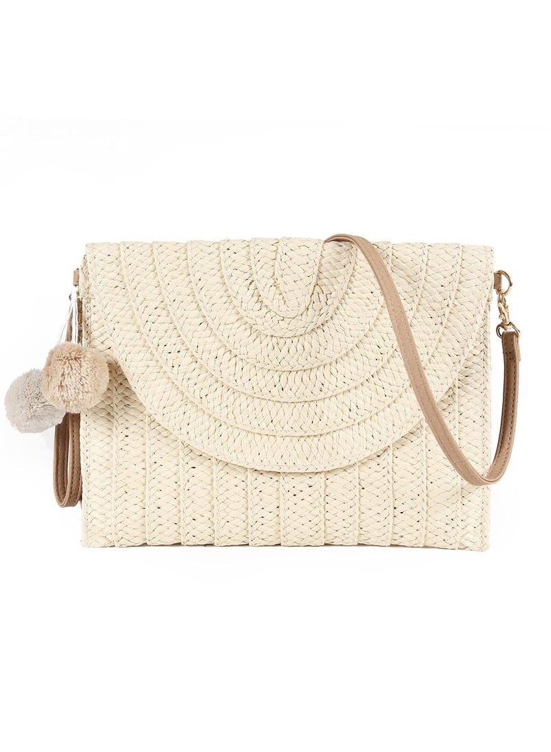 Straw Shoulder Bag Straw Clutch Women Hand-woven PomPom Straw Crossbody Bag Summer Beach Envelope Purse Wallet