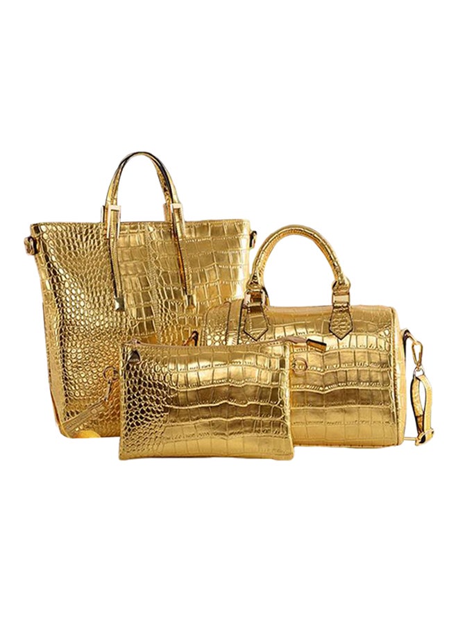 3-Piece Crocodile Pattern Tote Bag Gold