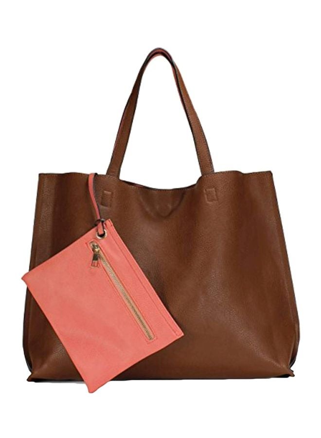 Magnetic Closure Tote Bag With Wallet Brown/Coral Pink