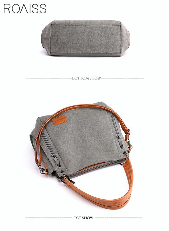 Large Capacity Shoulder Tote Bag Casual Canvas Handbag Crossbody with Long Strap Multi Pocket for Young Women Teenagers School Shopping Grey/Orange