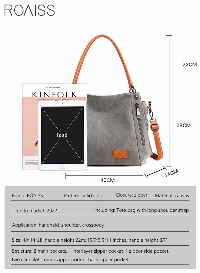 Large Capacity Shoulder Tote Bag Casual Canvas Handbag Crossbody with Long Strap Multi Pocket for Young Women Teenagers School Shopping Grey/Orange