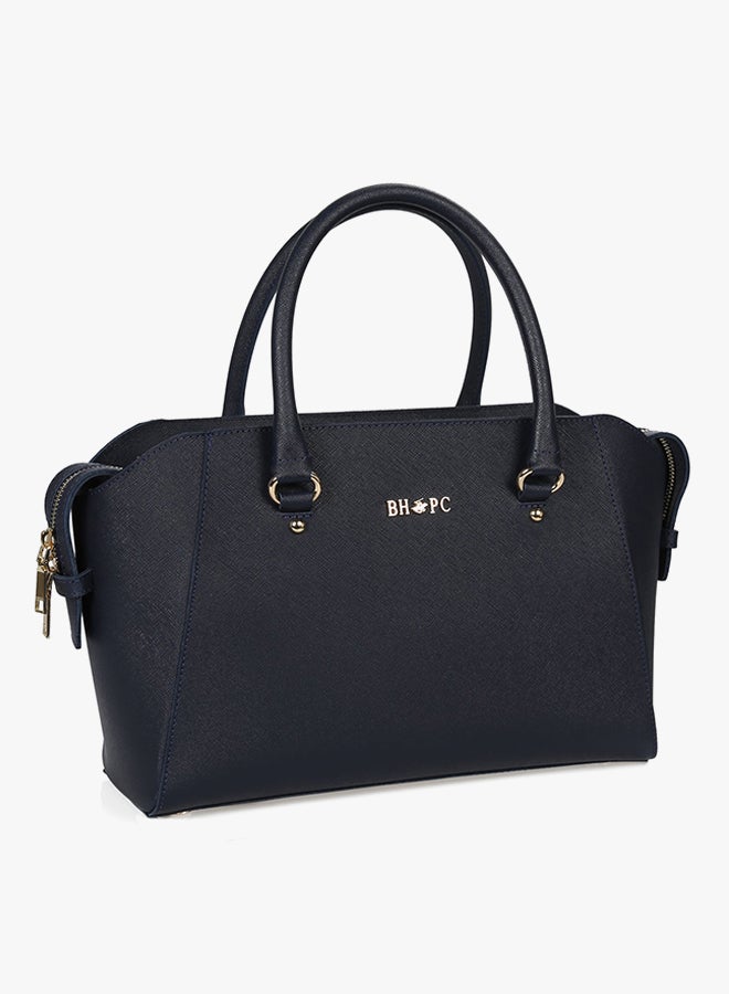Satchel Leather Bag With Zippered Closure Dark Blue