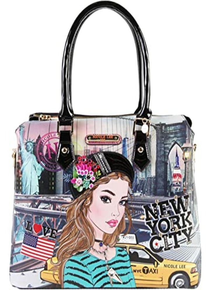 Dual Top Handles Women Satchel Handbag With Multiple Compartments (Ivette Poses On NY Sunset)