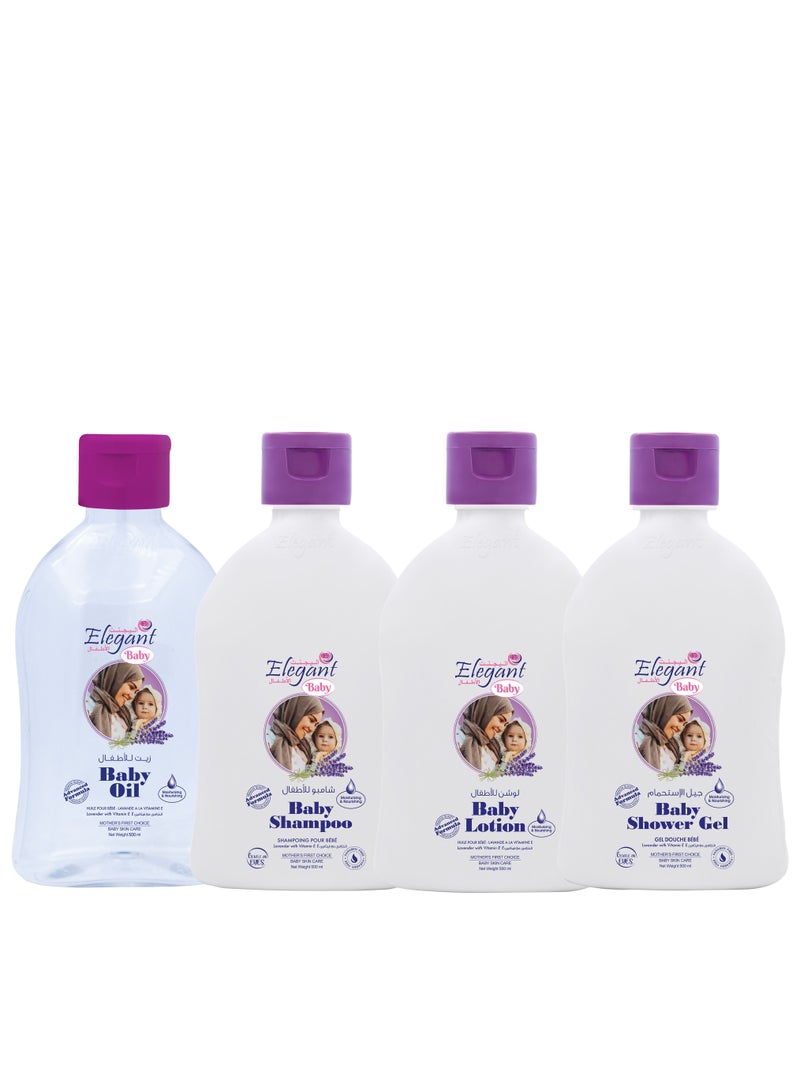 Elegant 500ml Lavender Baby Oil + Lotion + Shampoo + Shower Gel