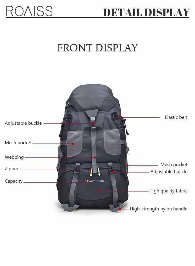 Unisex Outdoor Backpack 50L Capacity Multifunction Multi-pocket Water-resistant Oxford Shockproof Decompression for Camping Hiking Climbing Sports Travel Black