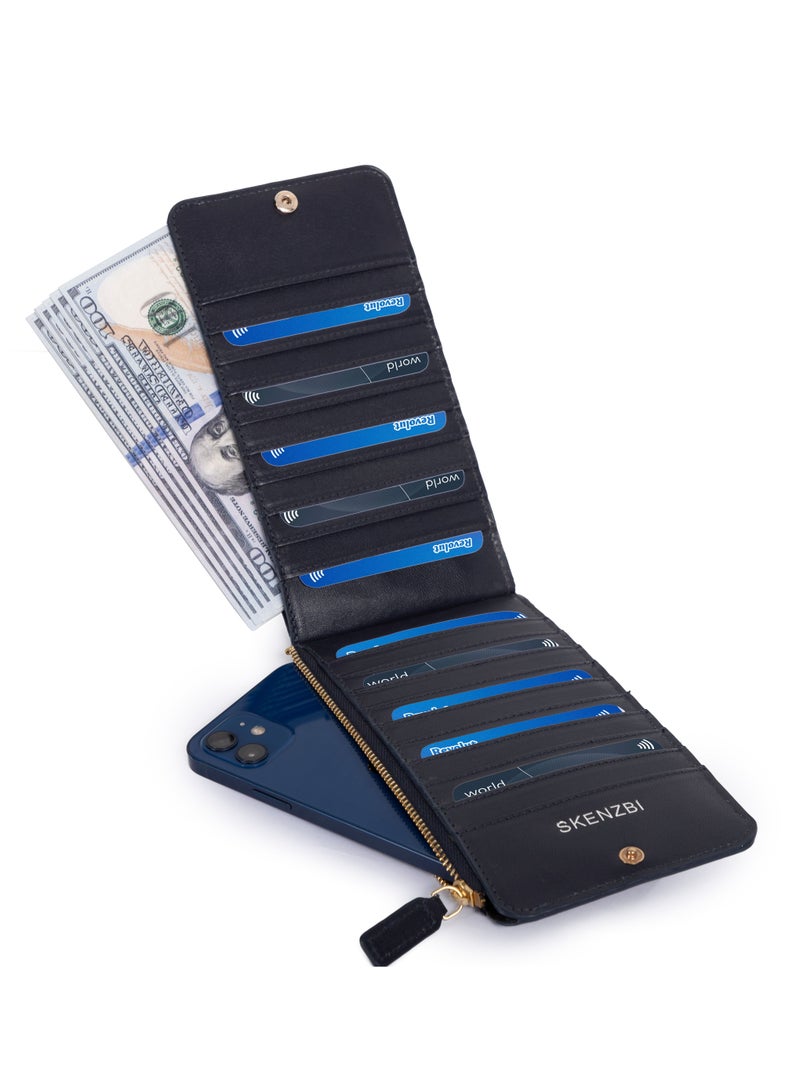 Women's Wallet  RFID Blocking Leather Multi Card Organizer with Zipper Pocket Blue