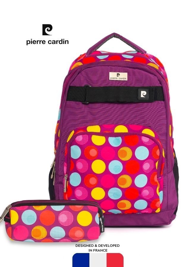 2 pcs SET Backpack With Pencil Case Purple Polka Dots Design