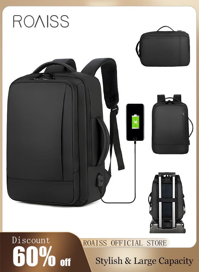 Waterproof Nylon Backpack Casual Scalable Capacity Large Capacity Laptop Multifunction Breathable School Bag with USB Port for Men Work Travel Flight Business Black