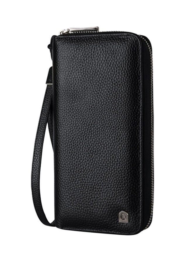 Leather Zipper Wallet With Wrist Strap Black