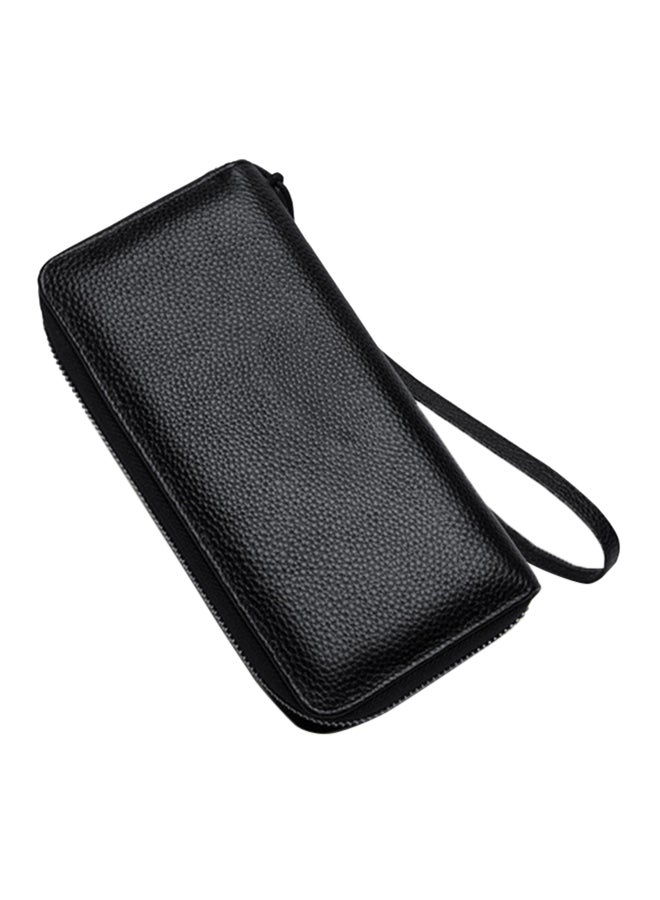 Leather Zipper Wallet With Wrist Strap Black