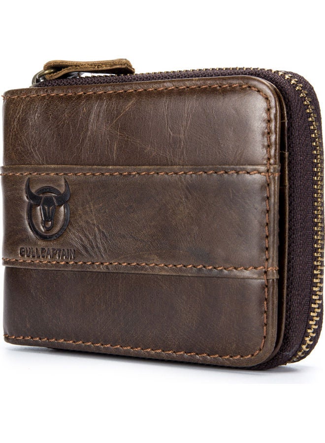 Genuine Leather Bifold Zipper Wallet Coffee