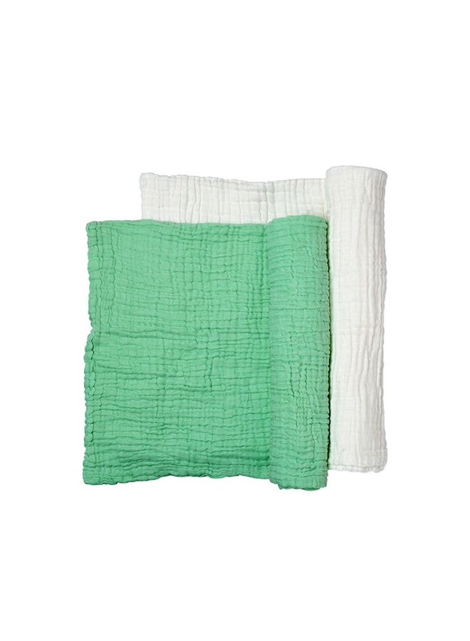 Set of 2 Organic Muslin Bath Towel- Green & White 105x105cms