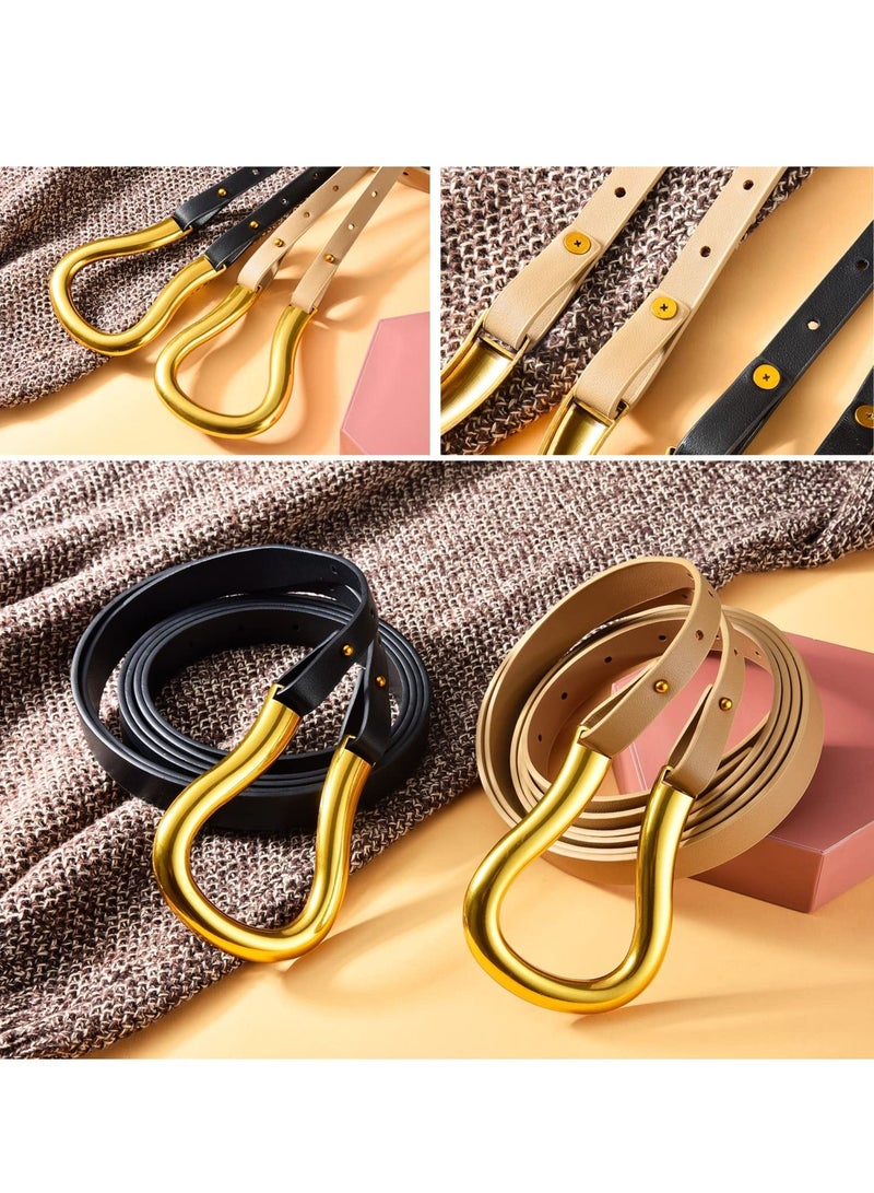 Skinny Leather Belts, Womens Belts with Double-layer Faux Leather, Large Gold U-Shape Metal Buckle, U-Shaped Thin Waist Belt for Women