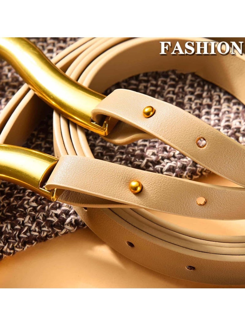 Skinny Leather Belts, Womens Belts with Double-layer Faux Leather, Large Gold U-Shape Metal Buckle, U-Shaped Thin Waist Belt for Women