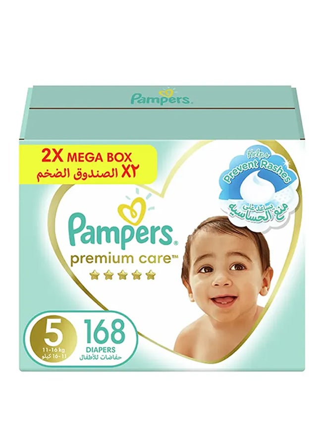 Premium Care Baby Diapers, Size 5, 11 - 16 Kg 168 Count - 2 x Mega Box, Helps Prevent Rashes