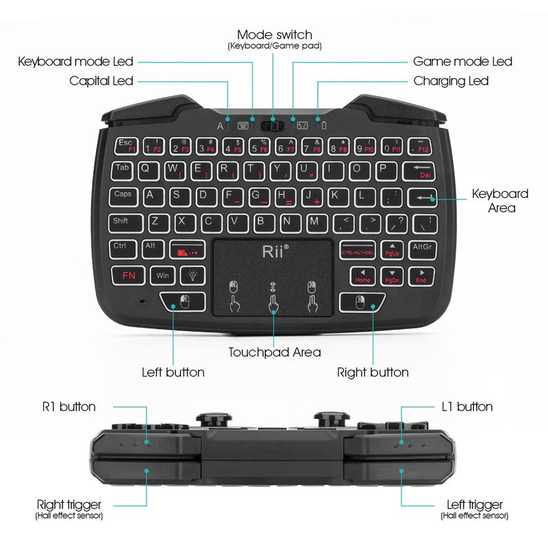 RK707 2.4GHz Wireless Game Controller Keyboard Mouse Combo with Touchpad - English