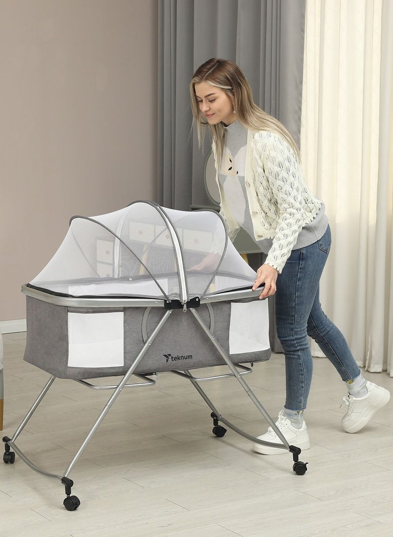 3 - In - 1 Baby Cot , Cradle With Mosquito Net And Wheels - Dark Grey